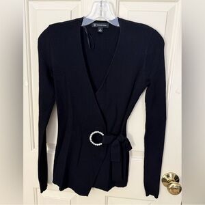INC International Concepts Black Cardigan with Pearl Belt